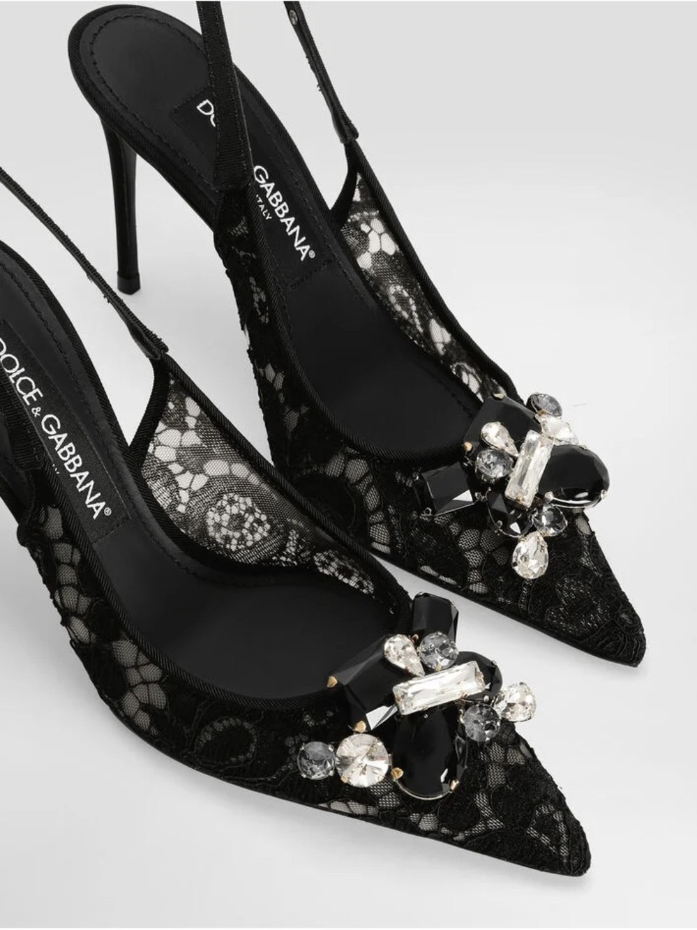Dolce & Gabbana Black Lace Slingback Pumps with Crystal Brooch - Picture 2 of 2